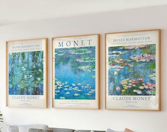 Set of 3 Wall Art - Claude Monet Print Gallery Wall Set - Vintage Waterlilies Wall Art for Living Room & Office Decor - Blue Lilies Painting