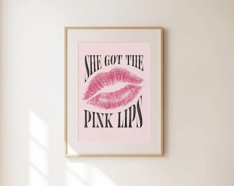 Pink Lipstick Print, Retro Kiss Wall Art, Trendy Wall Art, Preppy Apartment Decor, Hot Girl Print, Chic Wall Decor, Aesthetic Girly Poster