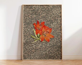 Leopard Print with Cheetah and Retro Flowers, Vintage Girly Wall Art, Trendy Preppy Decor for Bedroom or Apartment, Perfect Gift for Decor