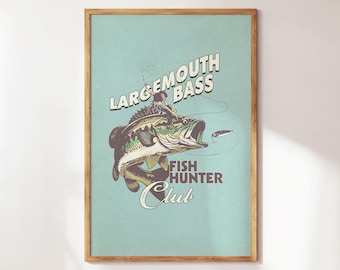 Largemouth Bass Fish Poster, Retro Fisherman Wall Art, Gift for Fisherman or Fishing Lover, Vintage Fishing Poster, Largemouth Bass Hunter