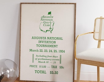 Augusta National Tournament, Retro Golf Ticket Print, Golf Poster, Golf Print, Golf Wall Art, Gift for Golf Fans, Golf Memorabilia