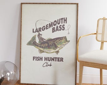 Largemouth Bass Fish Poster, Retro Fisherman Wall Art, Gift for Fisherman or Fishing Lover, Vintage Fishing Poster, Largemouth Bass Hunter