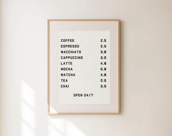 Coffee Bar Menu Poster, Coffee Poster, Coffee Lover Gift, Coffee Wall Decor, Kitchen Wall Art, Cafe Decor, Barista Poster, Apartment Decor