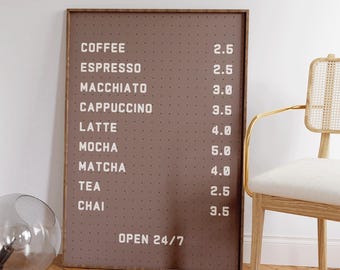 Coffee Bar Menu Poster, Coffee Poster, Coffee Lover Gift, Coffee Wall Decor, Kitchen Wall Art, Cafe Decor, Barista Poster, Apartment Decor