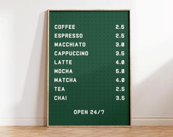 Coffee Bar Menu Poster, Coffee Poster, Coffee Lover Gift, Coffee Wall Decor, Kitchen Wall Art, Cafe Decor, Barista Poster, Apartment Decor