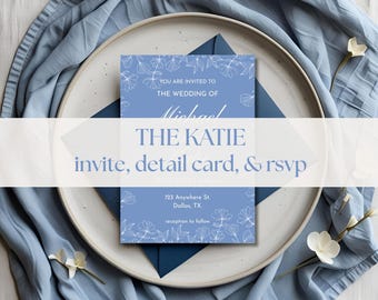 Blue wedding invitation bundle rsvp and detail card for wedding signage editable on canva template for wedding blue and white invite