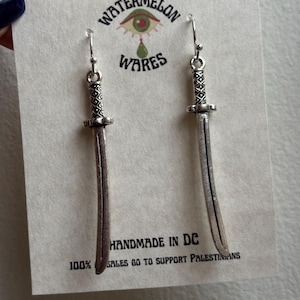 silver sword katana earrings, punk metal grunge long simple