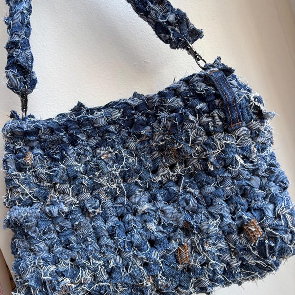 Unique handmade crochet jean purse-  jurse with recycled denim, pocket and belt loop