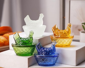 Glass Hen on Nest Salt Cellar Dish, Mini Glass Hen on Nest, Vintage Style Farmhouse Decor, Vintage Glassware Decor