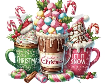 Christmas Ice Cream Cone Png,Christmas Hot  Coffee PNG, Candy Cane PNG, Printable Watercolor Christmas Decor, Winter PNG Image Download
