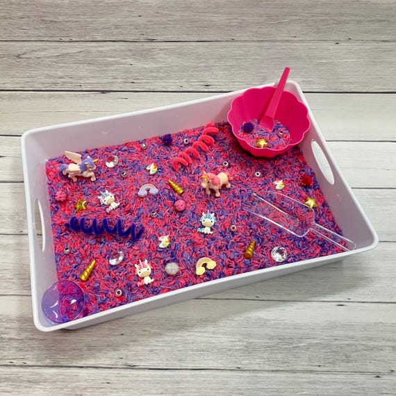 Unicorn Sensory Bin: Kids Activity Kit with Rice, Unicorns, and Jewels