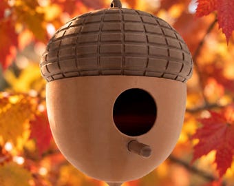 May include: A hanging birdhouse shaped like an acorn with a textured, dark brown cap and a smooth, light tan base. The base features a circular entrance hole and a small, cylindrical perch extending outward from the front of the structure.