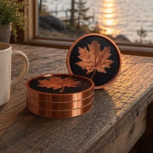 May include: A rustic wooden table displays a coffee mug with "MAINE" and a tree design, a book, and two copper coasters with a maple leaf design. The scene is set near a window overlooking a lake at sunset.