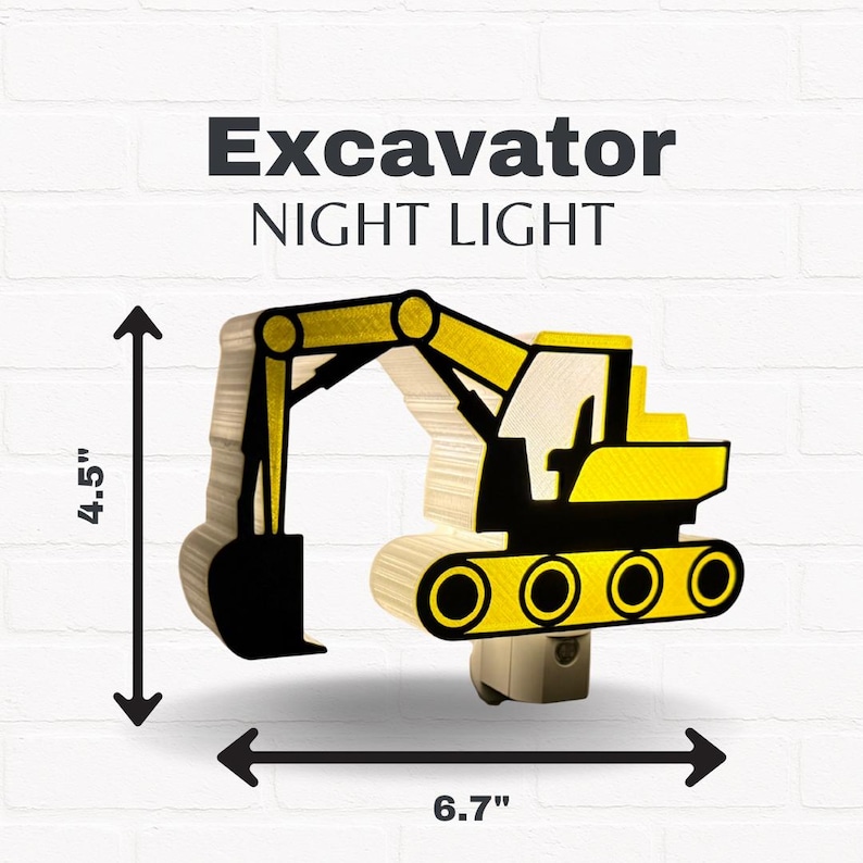 May include: An excavator night light featuring a yellow and black construction vehicle design. The light measures 11.43 cm in height and 17.02 cm in width. The text 'Excavator NIGHT LIGHT' is printed above the object on a white brick background.
