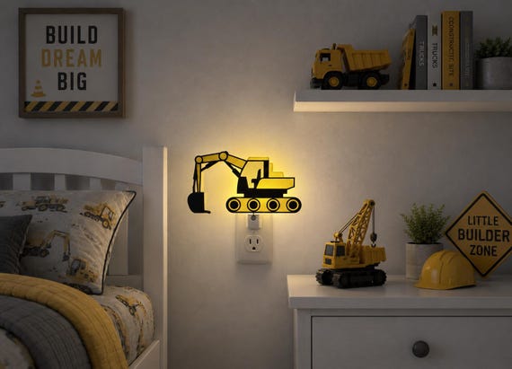 Excavator Night Light Plug-in LED, Kids Nursery Decor Construction Room Sensor or On-Off Switch, Unique Boy Birthday Gift