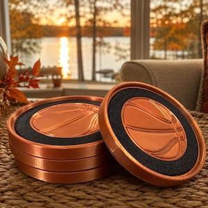 Basketball Coasters Set of 4 - Copper Color Metallic Finish - Sports Gift Bball Fan Decor