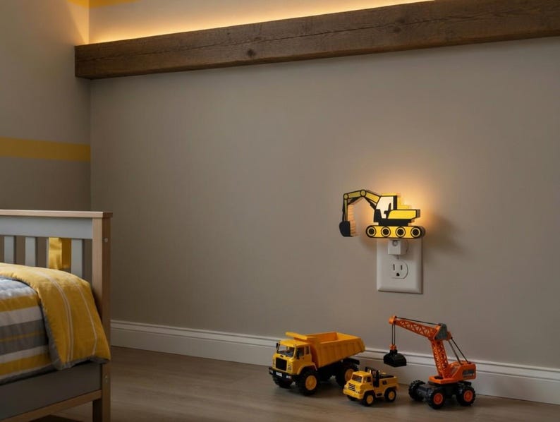 May include: A yellow and black excavator-shaped plug-in night light is illuminated on a wall socket. Below it, three construction vehicle toys, including a yellow dump truck, a smaller yellow truck, and an orange crane, sit on the floor.