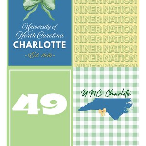 Puede incluir: Juego de cuatro impresiones con temas de la Universidad de Carolina del Norte en Charlotte (UNC Charlotte). Los diseños incluyen un lazo, las palabras "Niner Nation", el número 49 y un mapa de Carolina del Norte con un lazo. Las impresiones son azules, verdes y blancas.