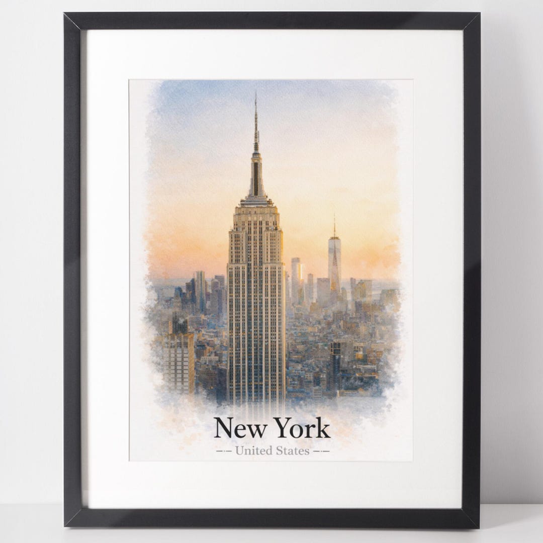 Empire State Building Watercolor Wall Art | NYC Sunset Travel Poster ...