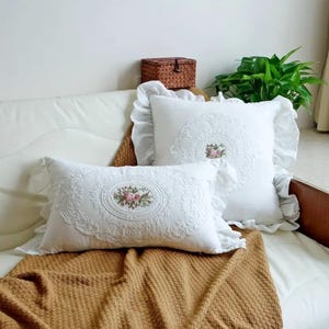 French Country Pillow Cover, Cottagecore Embroidered Cushion Case, Shabby Chic Ruffle Pillow, Vintage Floral Throw Pillow