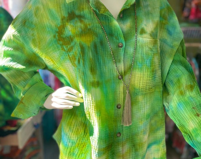 100% Crinkle Cotton Spring Greens in a Watercolor Soft Stylish and Feminine Shirt