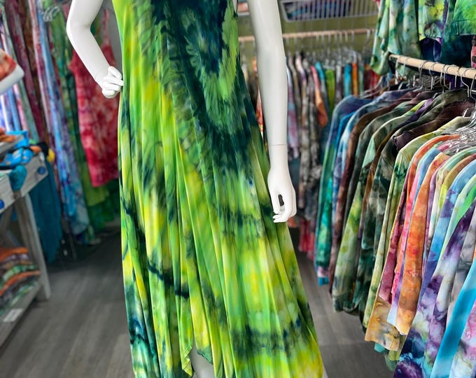 Hand Dyed Scarf Hemline Emerald Green Tank Dress Tie Dye