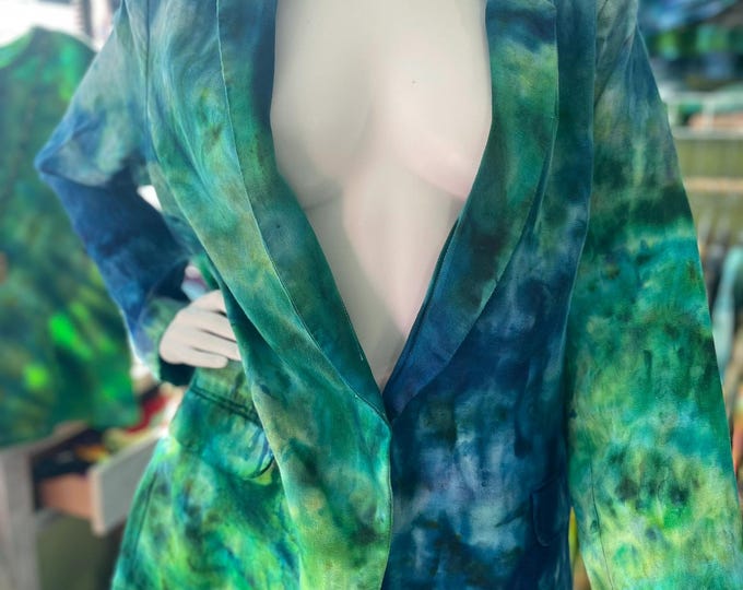 Hand Dyed Linen Halston Casual Jacket Peacock Colors