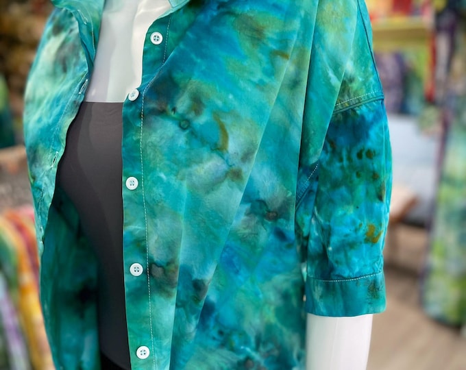 100% Cotton Short Sleeve Hand Dyed Tie Dyed Blouse Caribbean Blues