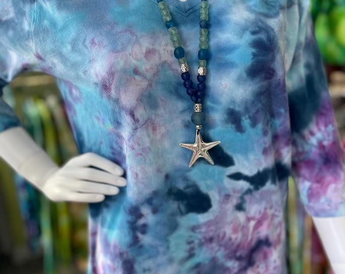Cotton V Neck Hand Tie Dyed In Blues Lavender Ice Dye Dyed