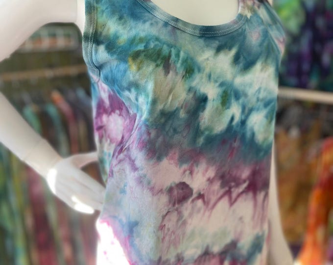 Hand-Dyed Ice Dye Cotton Tank Top - Blue, Grape, Lavender (Size Medium)
