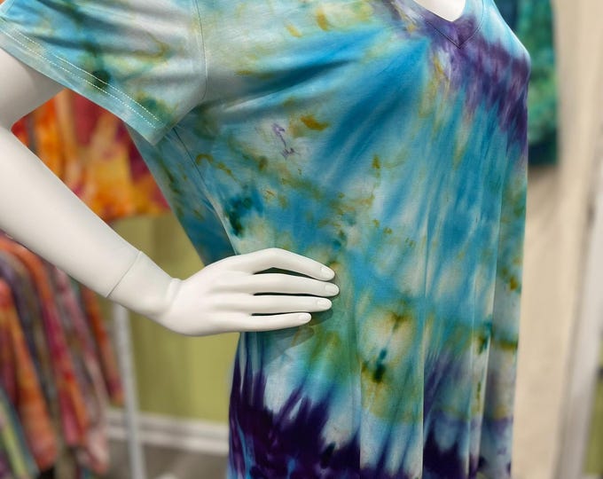 Deep V Neck Rayon Spandex Ice Dyed Casual Shirt in Beautiful Blues Purples