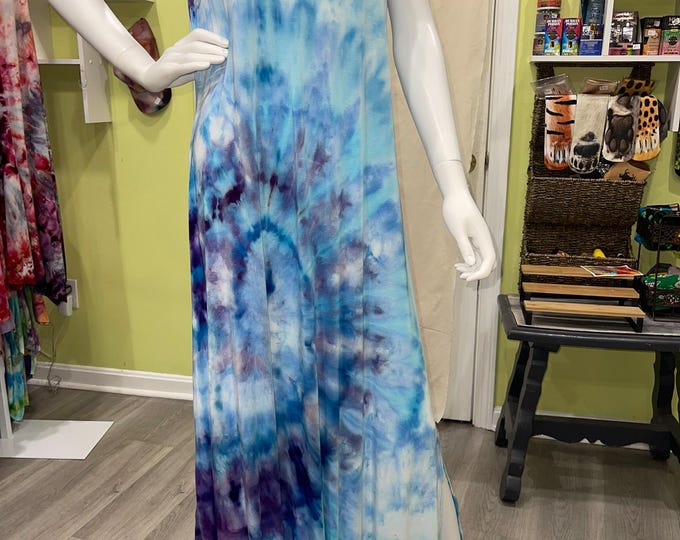Hand-Dyed Rayon Maxi Dress: Ice Blue Swirls, Side Slits
