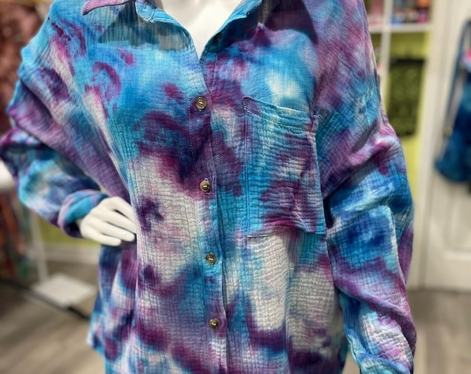 Hand Dyed Slouchy Drop Shoulders 100% Crinkle Cotton Women's Shirt