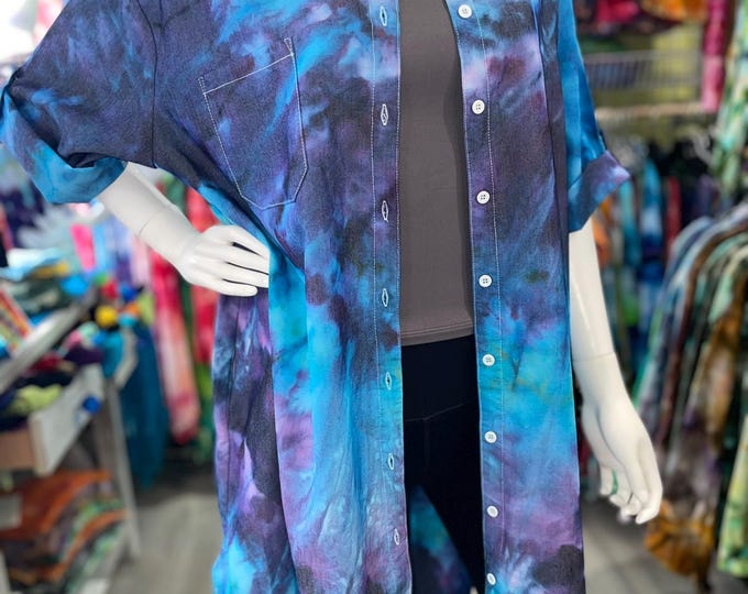 Hand Dyed Tie Dye Royal Blue Oversized Beach Cover or Plus Size Blouse 2XL