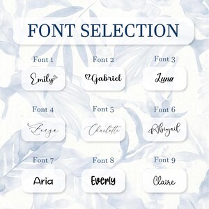 May include: A graphic displaying nine font options for text customization. Each font is shown with a sample name, such as "Emily" or "Gabriel", in a white rectangular box. The words "FONT SELECTION" are at the top.