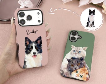 Custom Pet Portrait Phone Case, Personalized Dog Cat iPhone Case with Name, Custom Pet Painting Phone Cover, Memorial Gift for Pet Lovers
