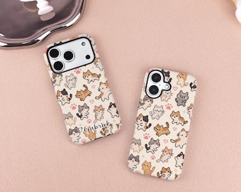 Lovely Pixel Cat Phone Case for iPhone 16 15 14 13 12 11 Pro Max, Custom iPhone X XS XR SE Plus Cover Custom Name Case, Gift for Her/Him