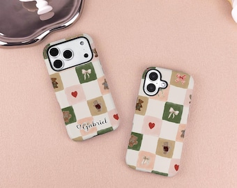 Funda para iPhone con diseño de osito y lazo, compatible con iPhone 16, 15, 14, 13, 12 y 11 Pro Max. Funda personalizada para iPhone X, XS, XR y SE Plus. Funda con nombre personalizado. Ideal para regalar.