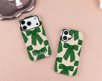 Funda retro verde con lazo para iPhone 16, 15, 14, 13, 12, 11 Pro Max, funda personalizada para iPhone X, XS, XR, SE Plus con nombre personalizado, regalo para ella/él.