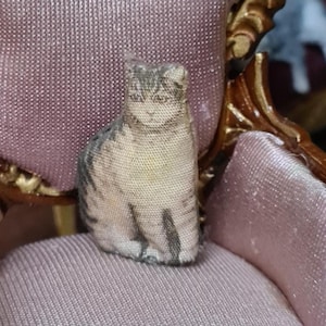 May include: Miniature antique-style chair with a pink upholstered seat and back, and ornate gold-colored trim. A small, gray and white tabby cat figurine sits on the chair. The chair is a decorative item.