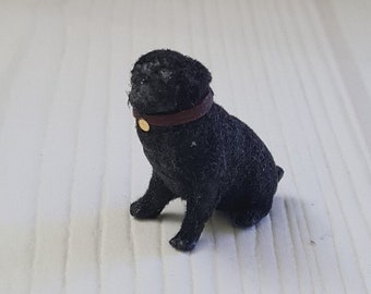 Dollhouse Miniature Black Pug Dog, 1/12 scale
