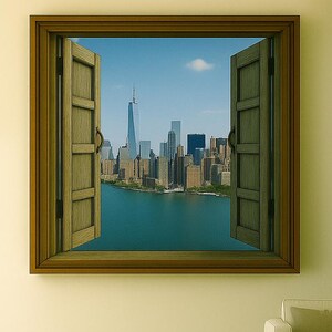 NYC Skyline Canvas Print: Rustic Window View, Urban Wall Art
