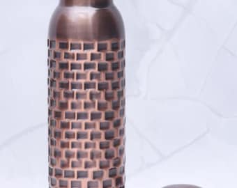 Pure Copper Water Bottle 1000ml | Antique Brick Design | Black Finish | Handcrafted | Designed in Norway