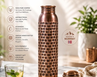 Vattenflaska i ren koppar 1000 ml | Antik tegeldesign | Svart finish | Handgjord | Designad i Norge