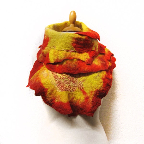 Red and yellow hand felted scarf - nuno felt with Benares coton scrim and merino wool