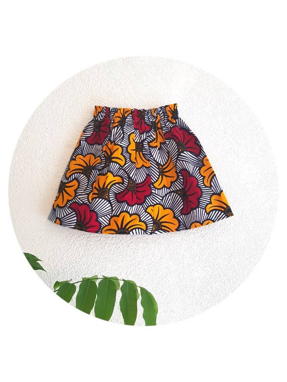 Jupe En Wax Fillette à Fleur Graphique Rouge Jaune Blanc Noir Coton Wax African Print