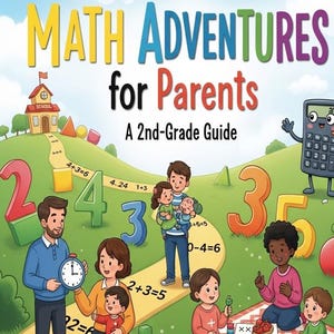 May include: A colorful illustration for a children's book titled "MATH ADVENTURES for Parents: A 2nd-Grade Guide." The image features cartoon figures of parents and children, numbers, and a calculator.