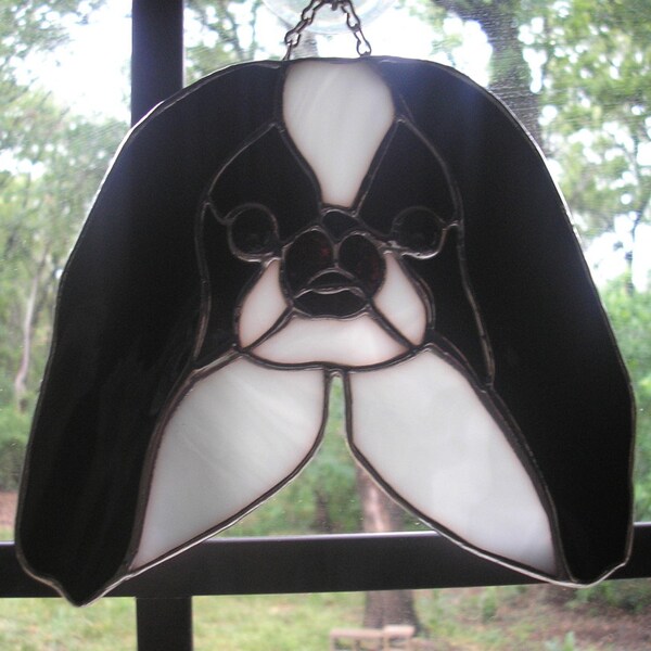 LT Stained glass Japanese Chin white and black domestic dog sun catcher window hanging light catcher