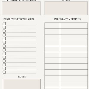 May include: A beige weekly planner with sections for intentions, goals, priorities, and meetings. The planner includes checkboxes for tasks and space for notes. Text at the top reads "WEEKLY PLAN:" and "DATE: TO:"