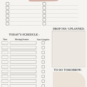 May include: A beige daily planner with sections for tasks, schedule, and notes. The planner includes spaces for the date, tasks to be done, today's schedule, drop-ins/unplanned, and to-do's for tomorrow. The text is in a dark brown color.